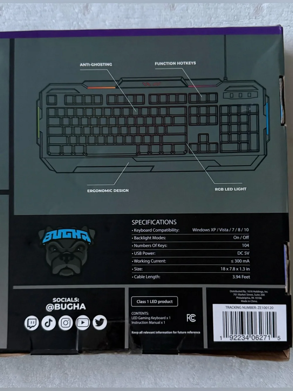Bugha RGB LED Gaming Keyboard USB Wired Ergonomic Full Size PC Backlit Keyboard
